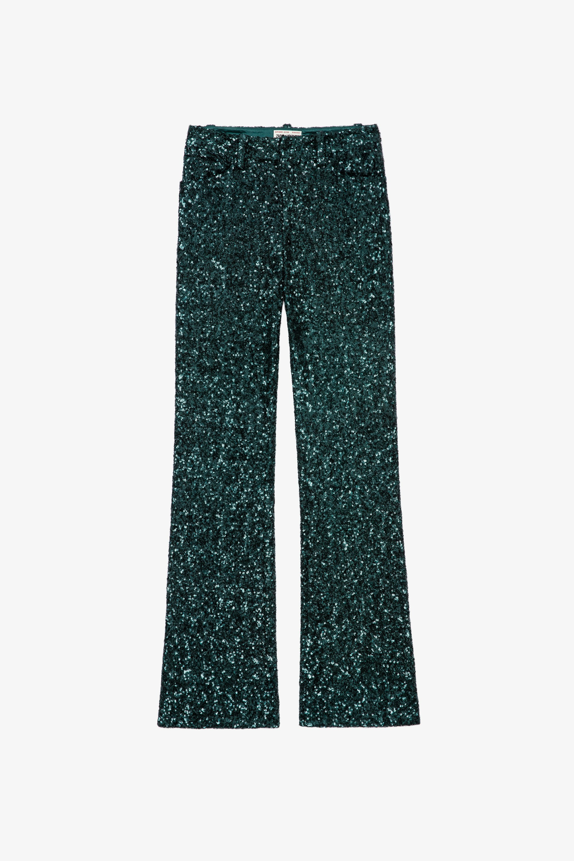 Pantalón Pistol  Pantalón de traje con lentejuelas de color verde por toda su superficie para mujer