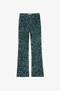 Pistol Trousers - Women's tailored trousers with all-over green sequins