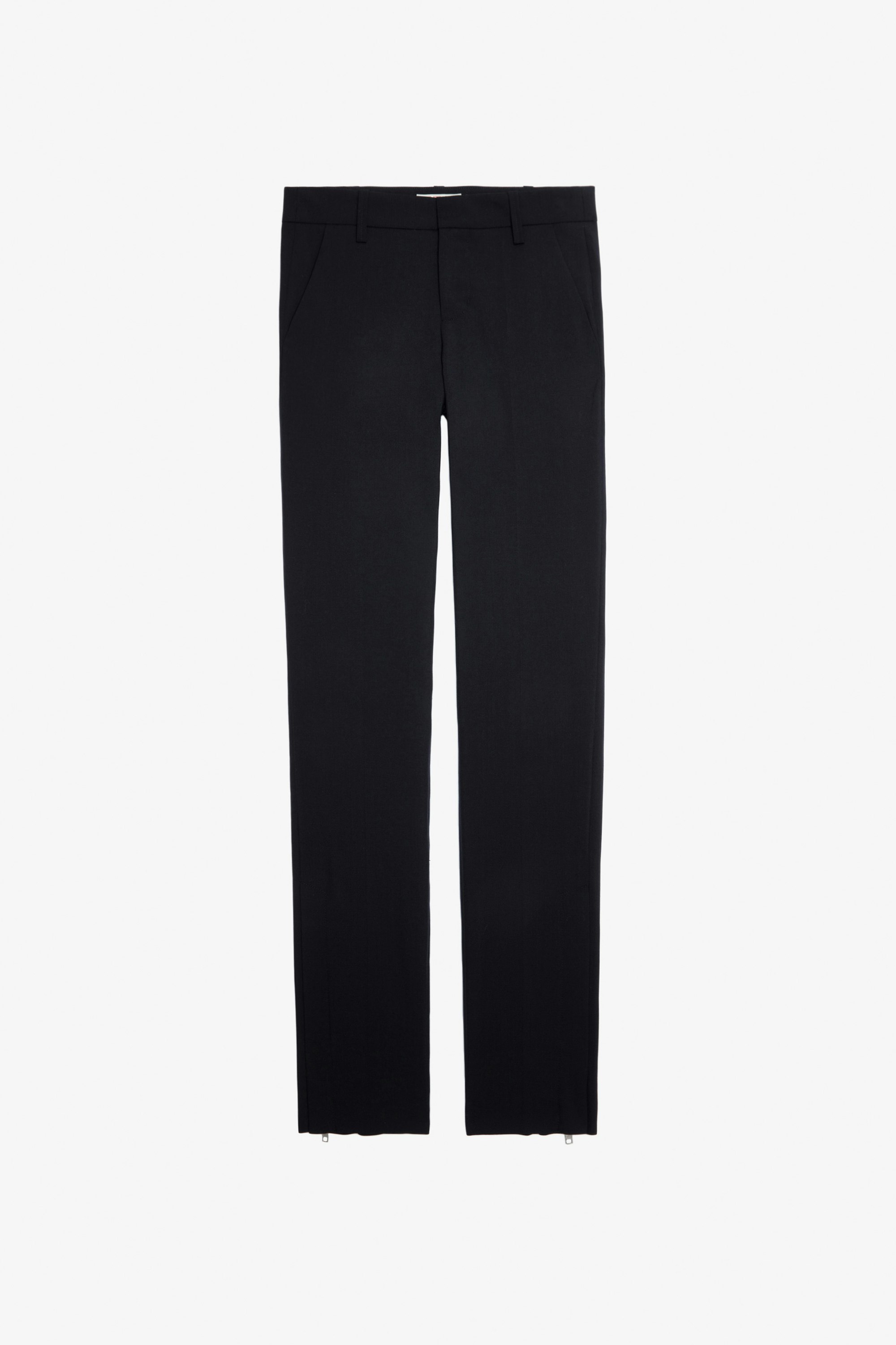 Pantalon Prune - Pantalon de tailleur en laine noire à ourlets zippés.