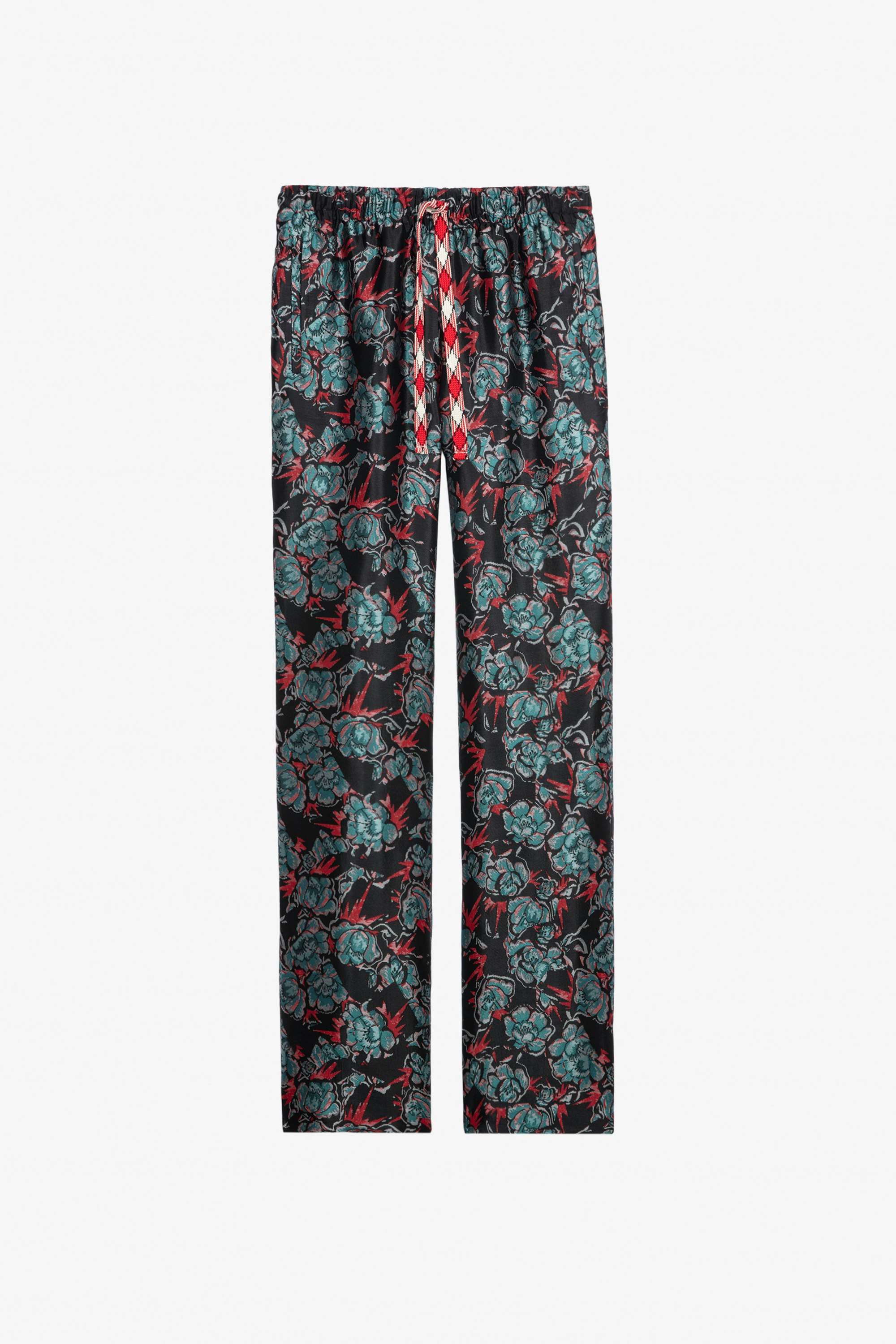 Pantalón Pomy Thunder Jacquard - Pantalón negro de jacquard floral con cordón estampado para mujer.