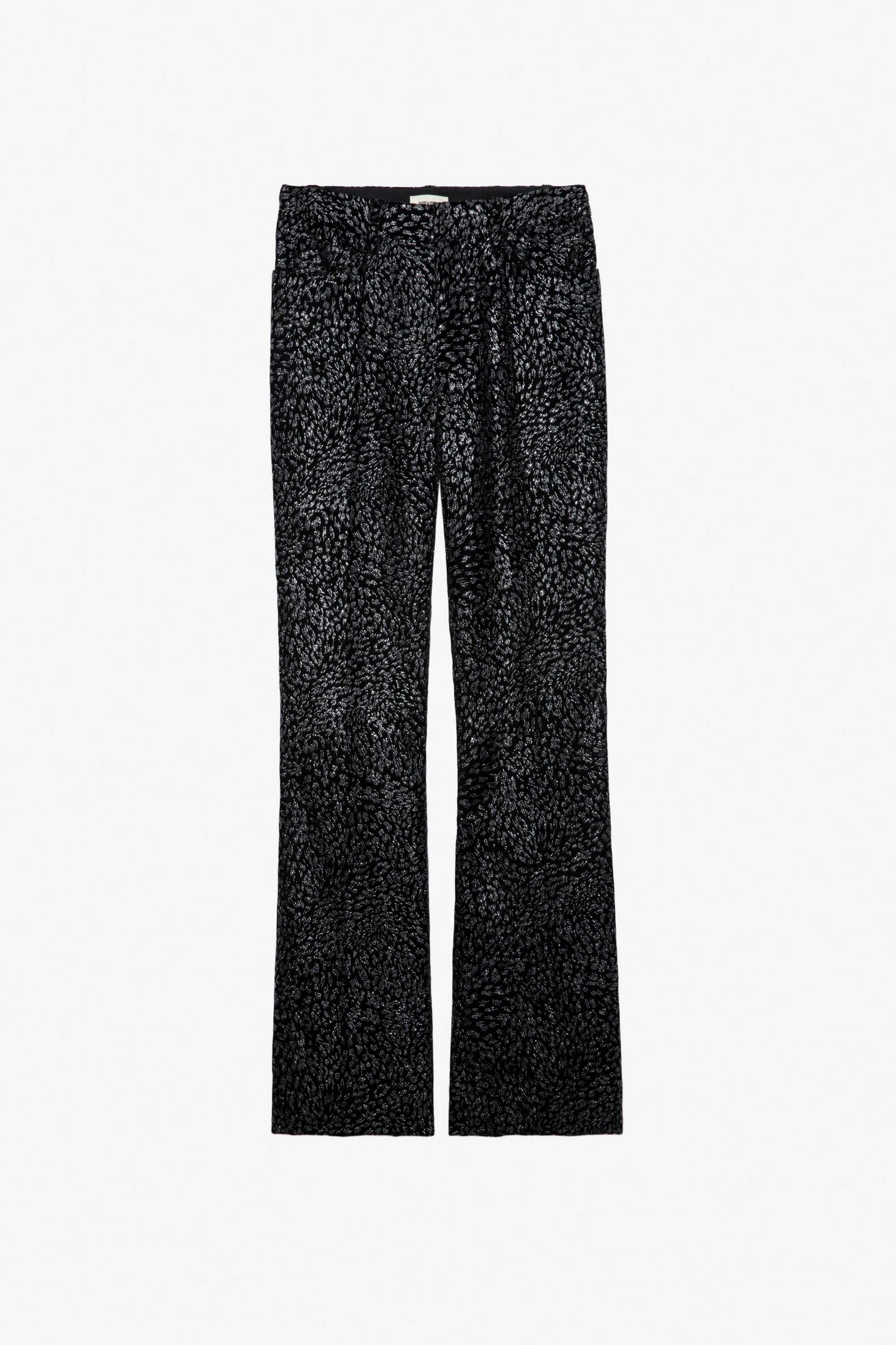 Hose Piston Samt Glitter - Anzughose aus schwarzem Samt mit Pailletten mit Leopardenmotiv.