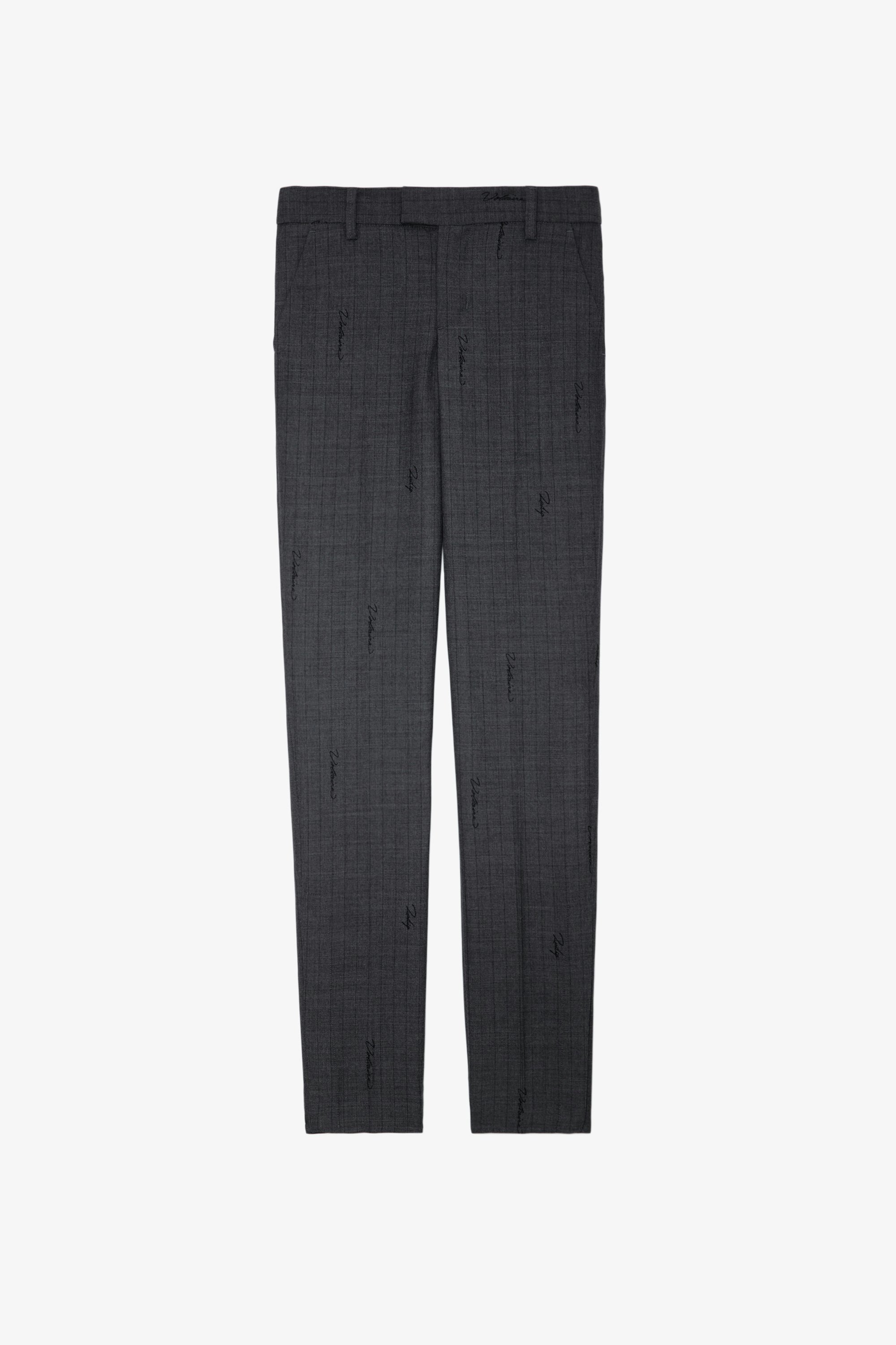 Pantalon Prune - Pantalon de tailleur anthracite à rayures, monogramme et ourlets zippés.