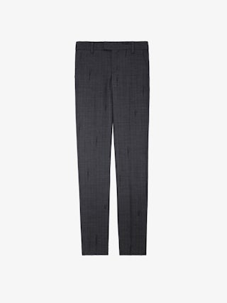 Pantalon Prune - Pantalon de tailleur anthracite à rayures, monogramme et ourlets zippés.