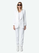 Vive Sequin Blazer - Ecru button-up blazer with sequins and pockets.