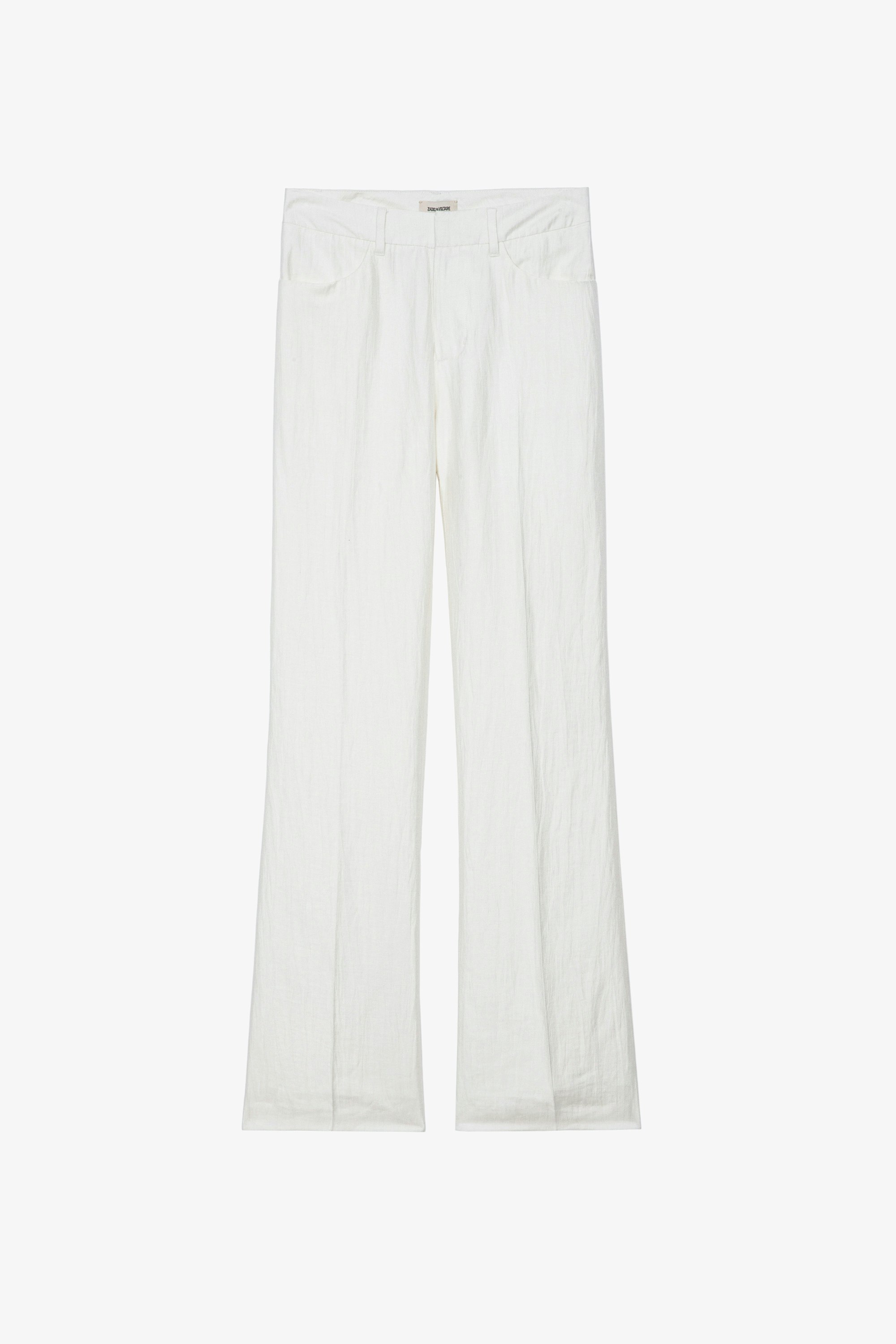 Pantalon Pistol - Pantalon de tailleur évasé en lin blanc à poches et plis.