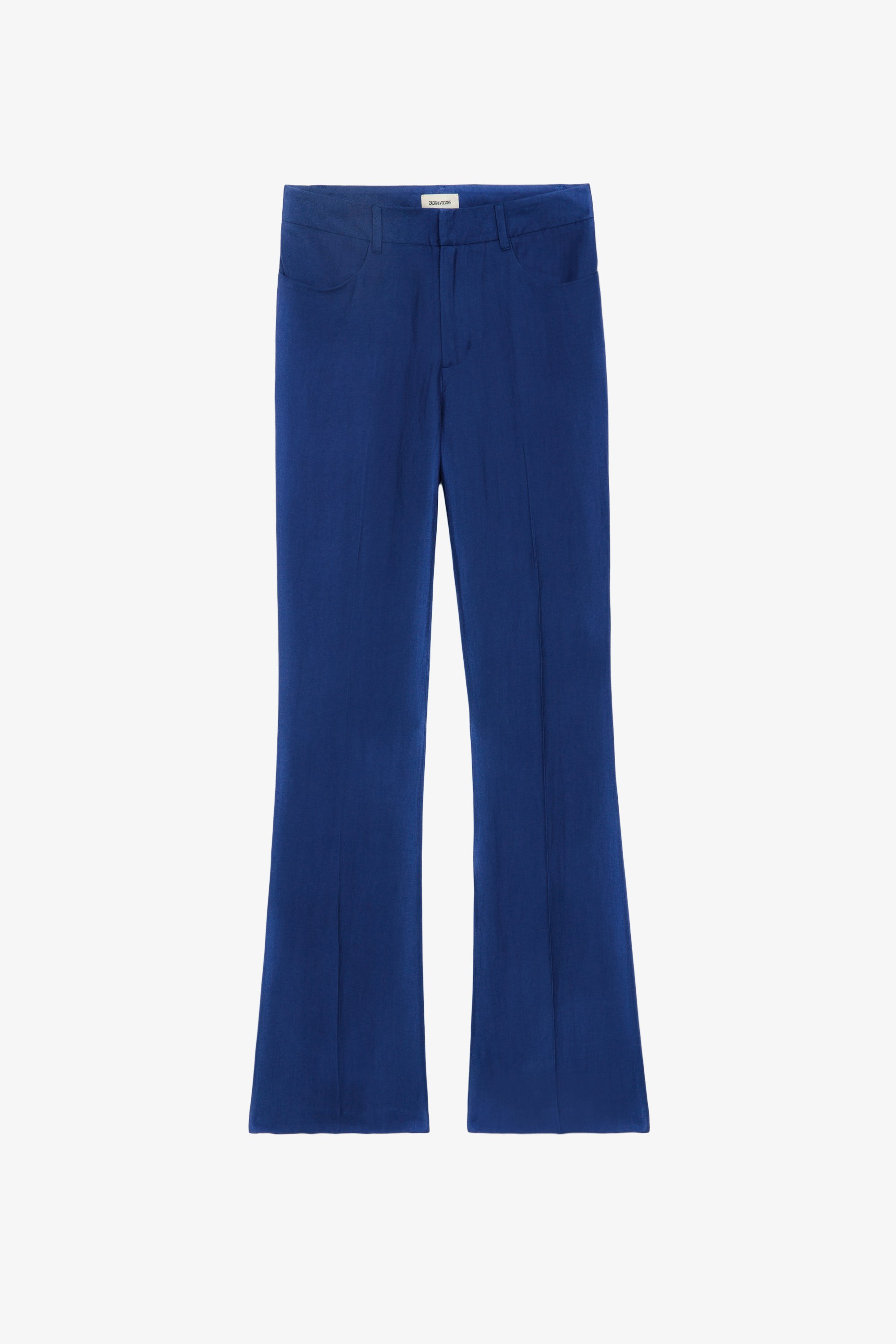 Pantalon Pistol - Pantalon de tailleur évasé en lin bleu à poches et plis.