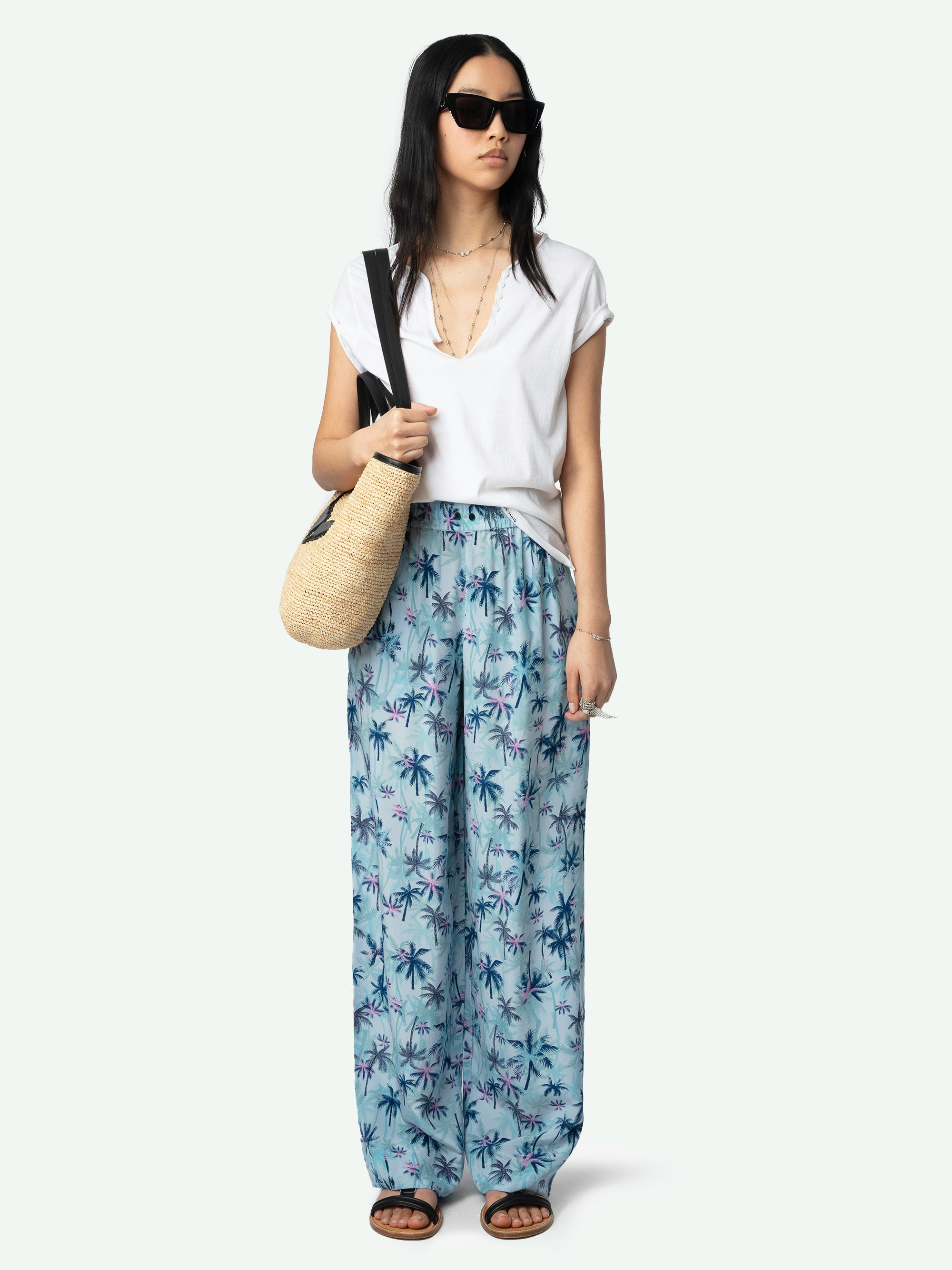 Pin Silk Pants - Pyjama-style pants in jacquard silk with pockets and elastic waistband.