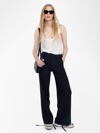 Panol Pants - Wide-leg tailored pants with rhinestones.