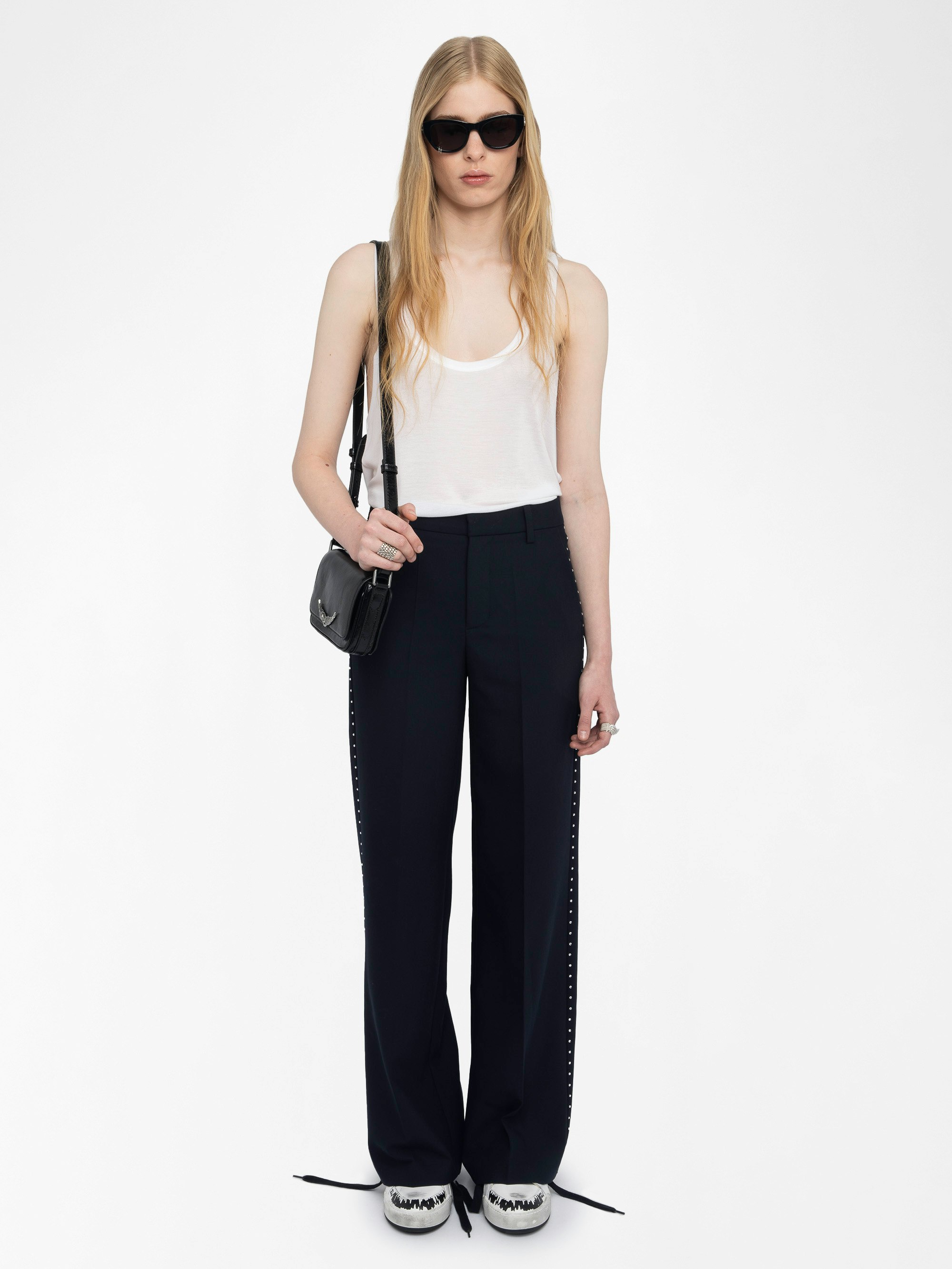 Panol Pants - Wide-leg tailored pants with rhinestones.