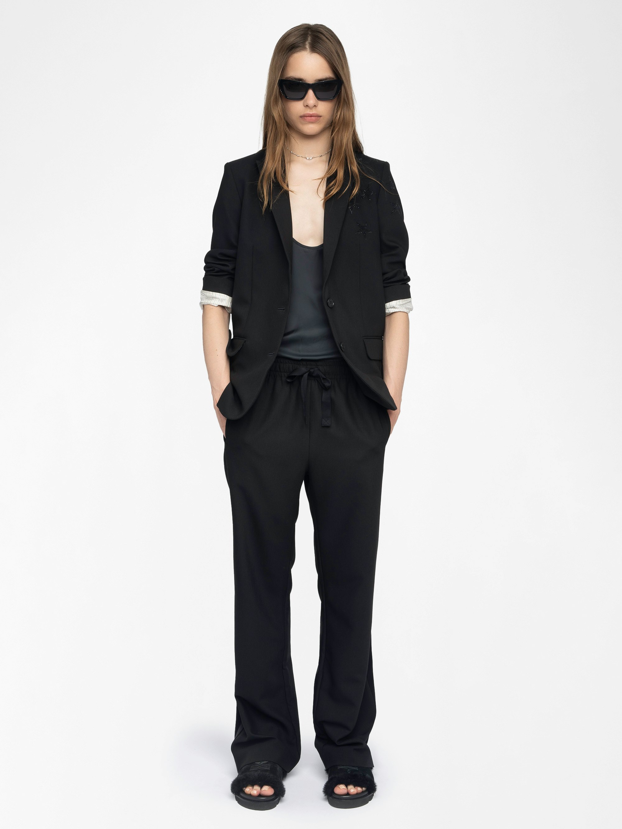 Poma Trousers - Straight-cut tailored pants with a jogging-inspired design, featuring satin stripes and an elastic waistband.
