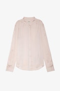 Blusa Touchy Raso - Blusa in raso rosa pallido dotato di polsini con bottoni e strass da donna.
