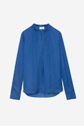 Bluse Tink Satin - Damenbluse mit offenem Kragen in Königsblau.