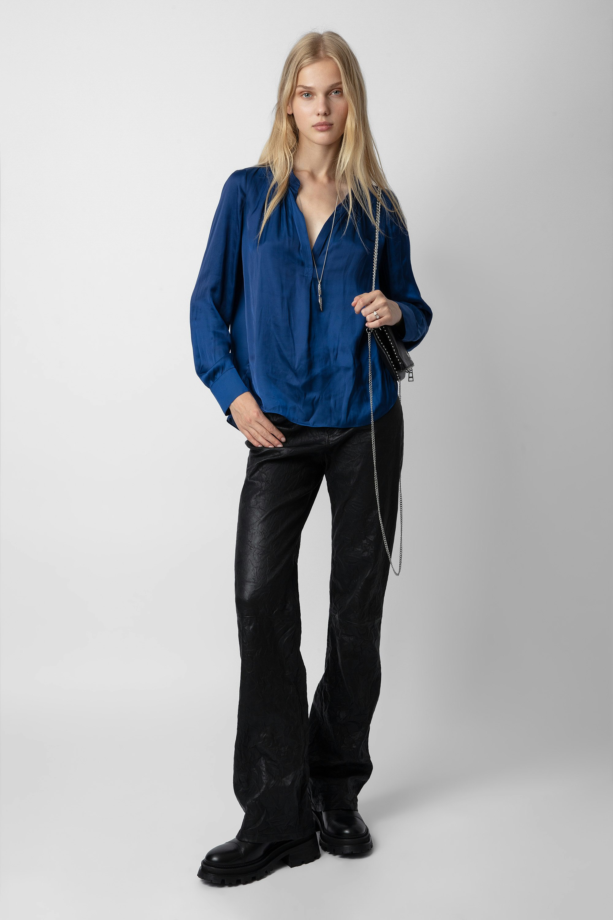 Tink Blouse - Women’s royal blue blouse with open collar.