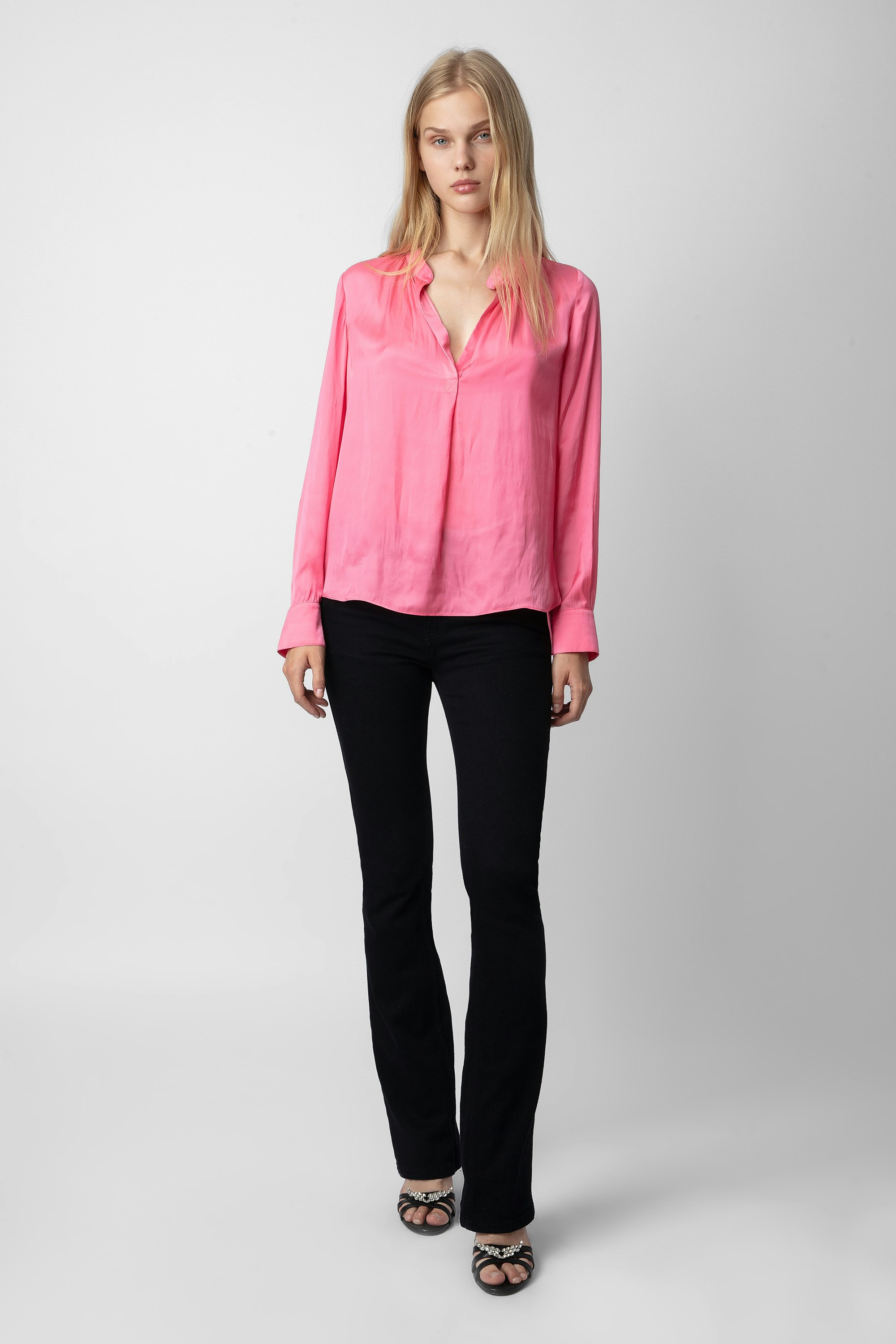 Tink Satin Blouse - Women’s pink blouse with open collar.