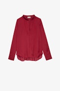 Tink Satin Blouse - Women’s red satiny blouse with open collar.