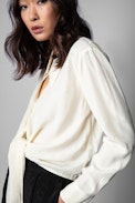 Toupy Squeleton Shirt Silk - Women's ecru silk shirt with jacquard skeletons