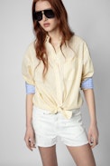 Tais Raye Pop Shirt - Women’s yellow and pink striped cotton shirt
