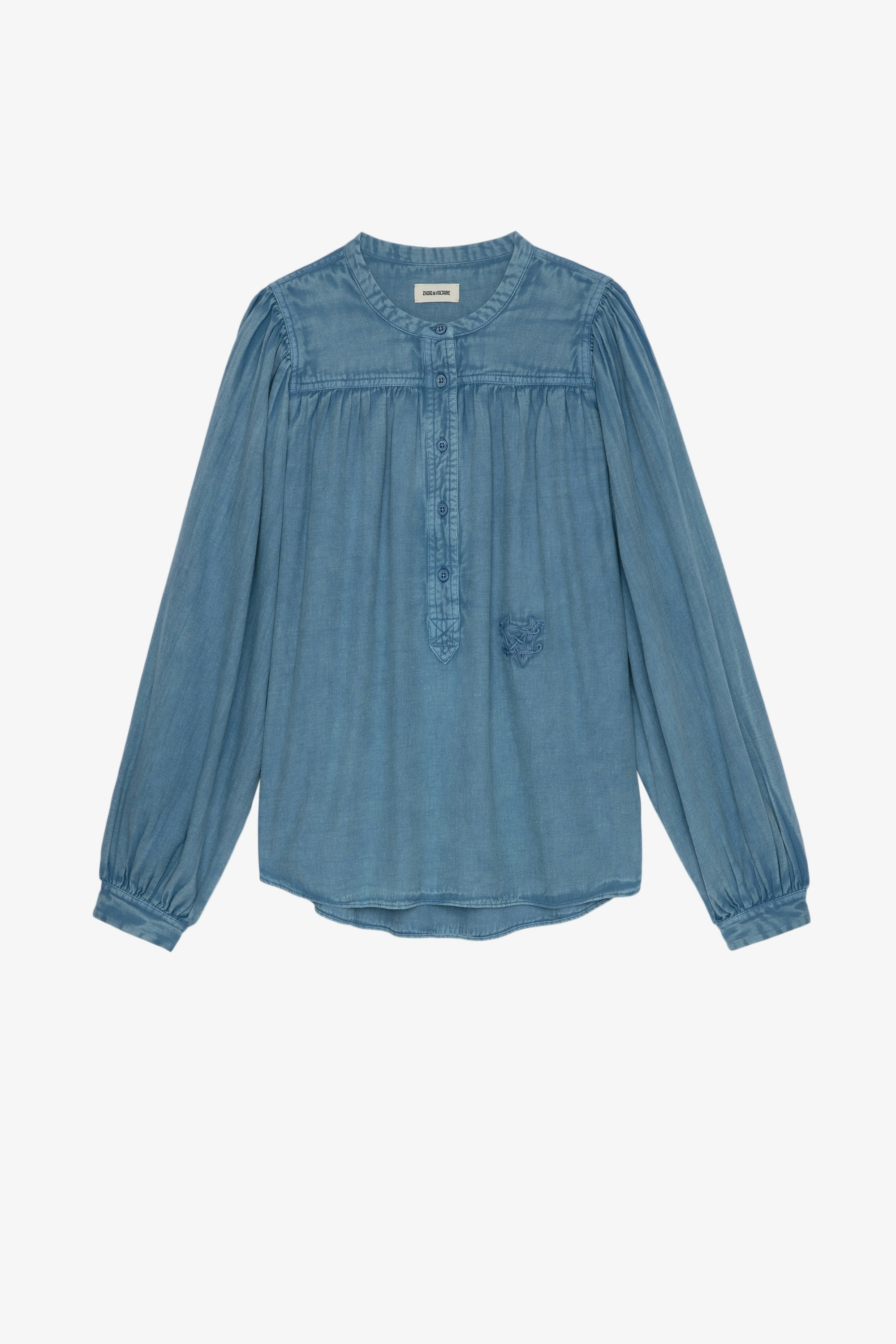 Blusa de algodón Tigy Twill Blusa de manga larga de algodón azul claro para mujer 
