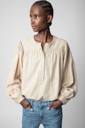 Tigy Cotton Twill Blouse - Women's ecru cotton blouse with embroidered ZV signature