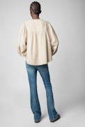 Tigy Cotton Twill Blouse - Women's ecru cotton blouse with embroidered ZV signature