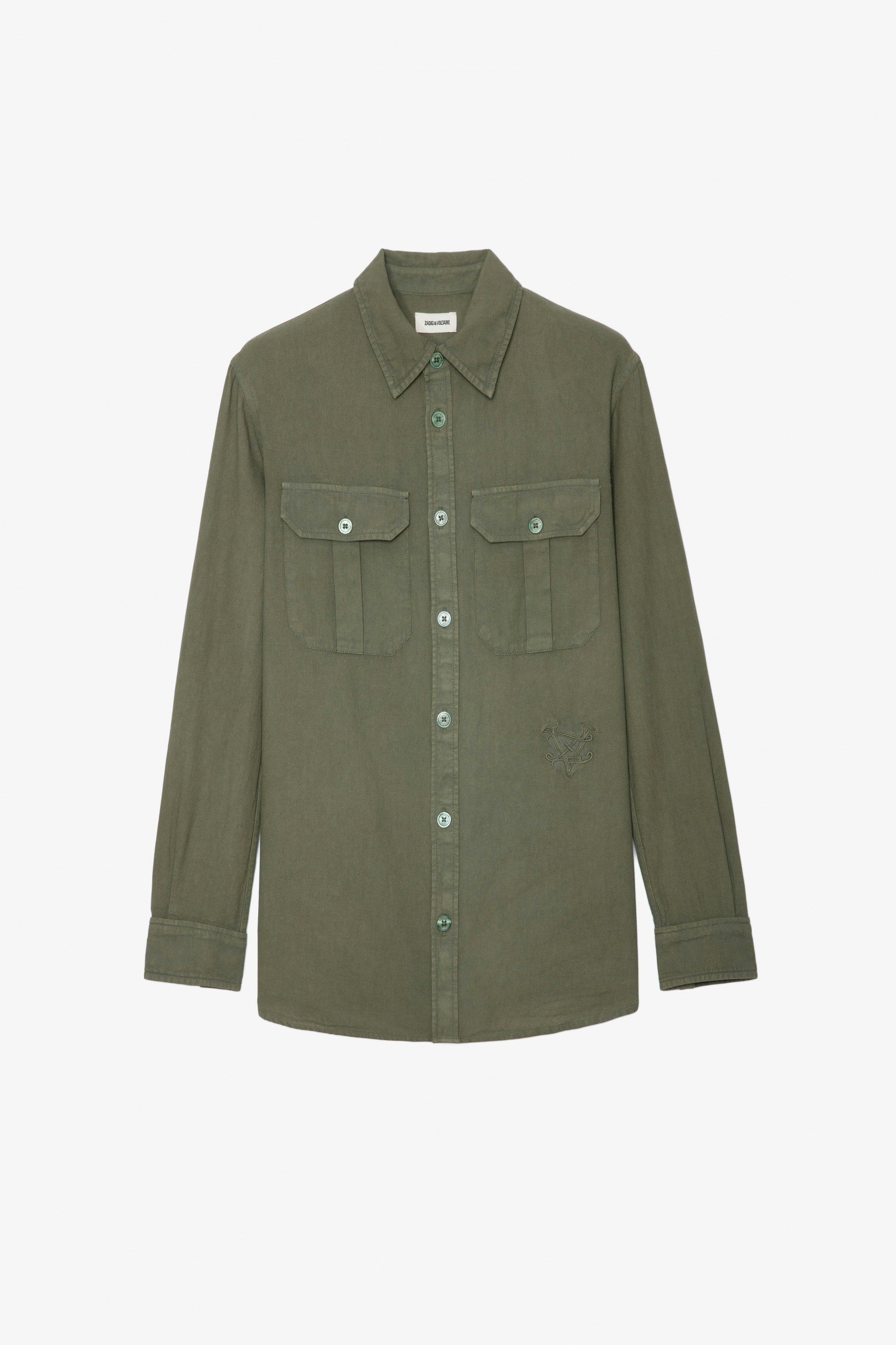 Camisa Teros - Camisa verde de algodón con cierre con botones, bolsillos y bordado ZV.