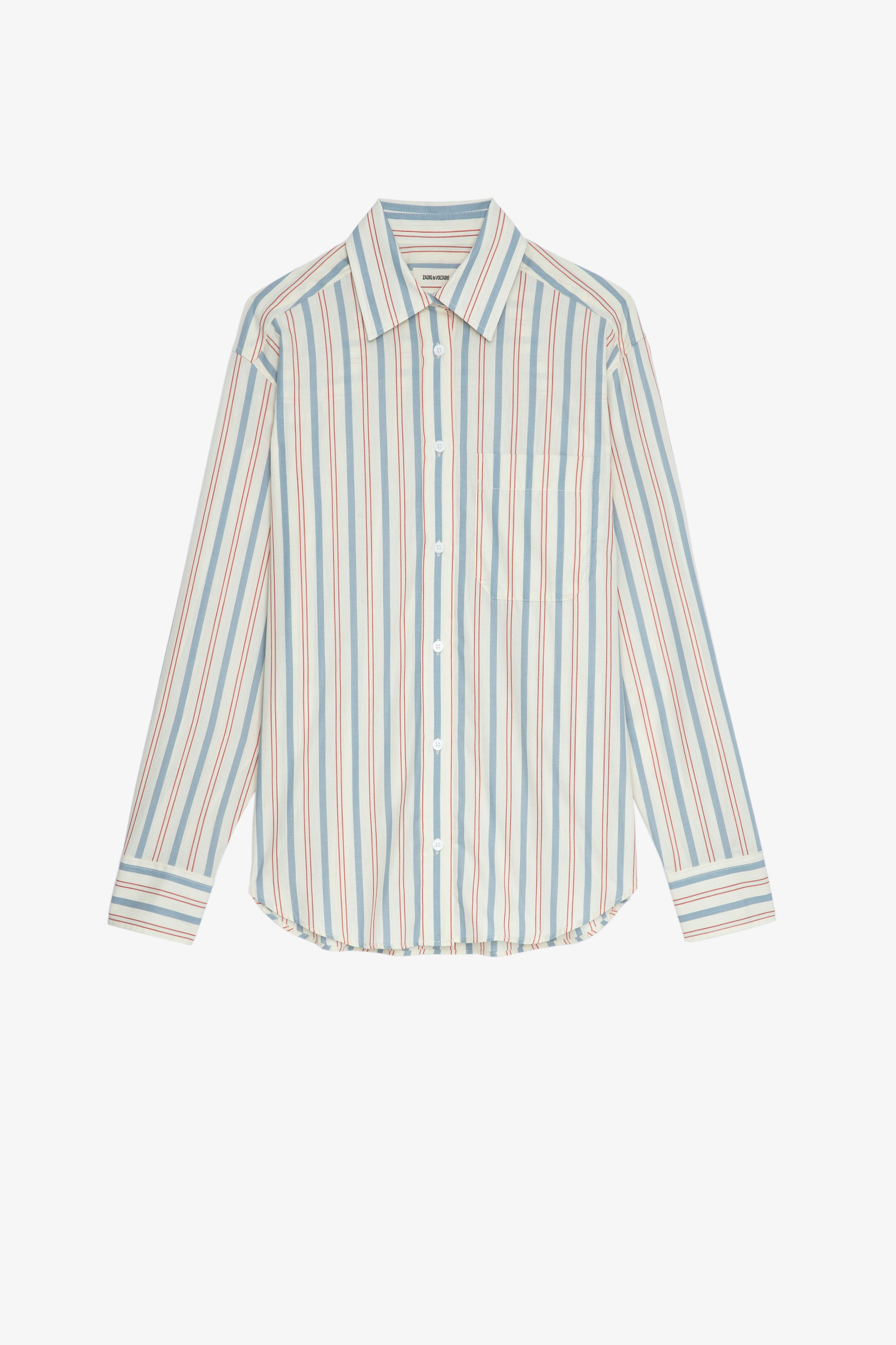 Tais Shirt Women’s ecru cotton striped long-sleeved shirt with crystal-embellished “Enjoy Today” slogan