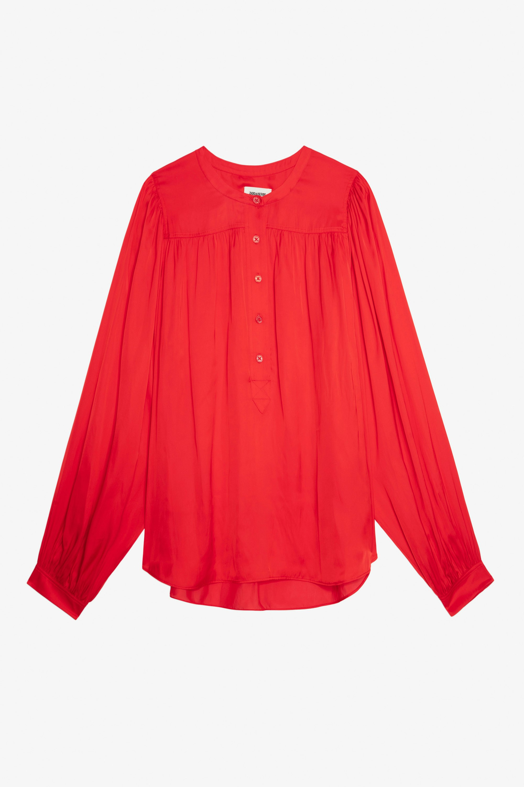 Tigy Satin Blouse - Women’s red satin blouse with gathers and buttons