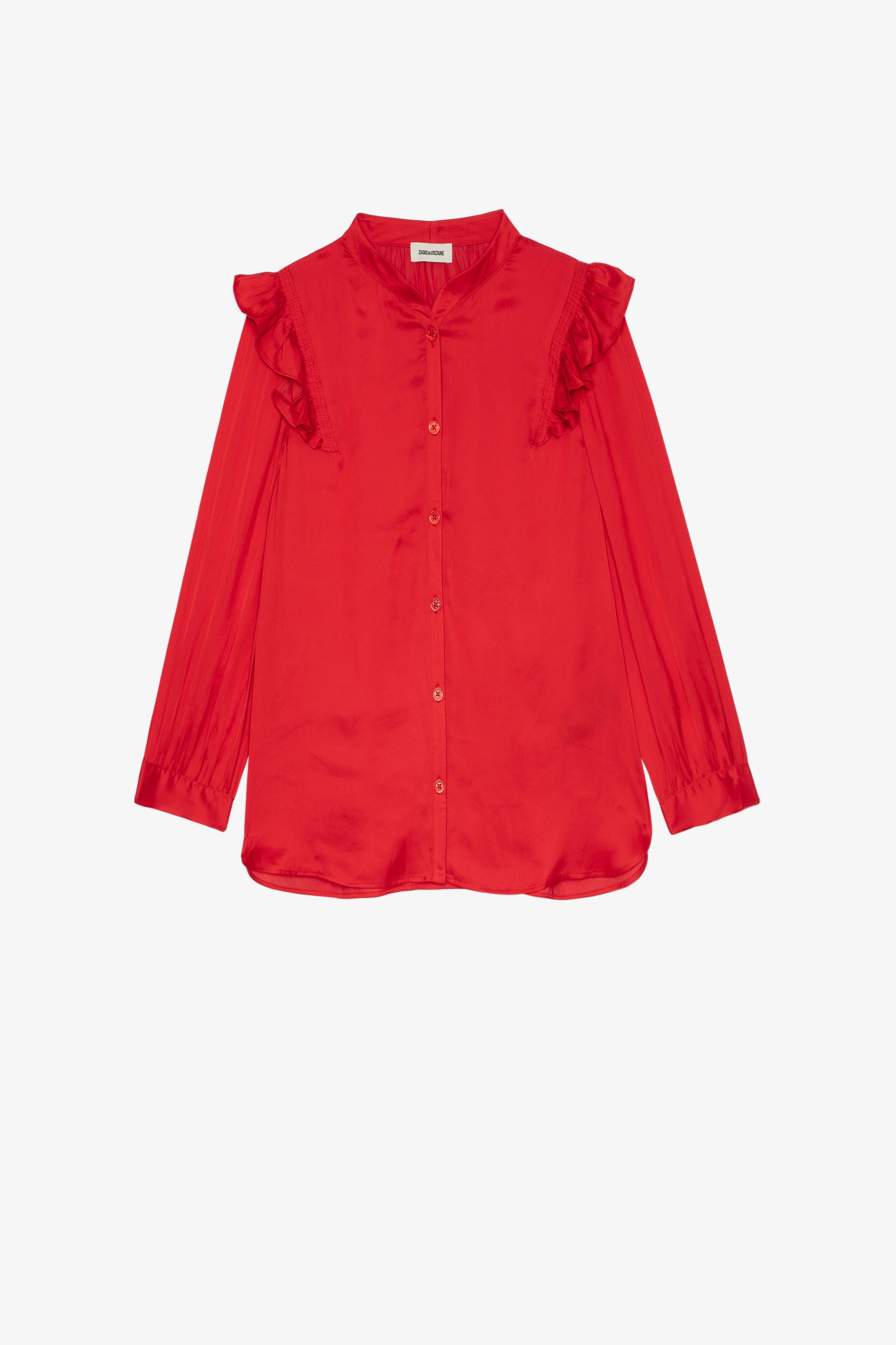 Tygg Satin Shirt Women’s red satiny shirt with long sleeves and ruffle details