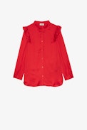 Tygg Satin Shirt - Women’s red satiny shirt with long sleeves and ruffle details