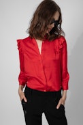 Tygg Satin Shirt - Women’s red satiny shirt with long sleeves and ruffle details
