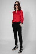 Tygg Satin Shirt - Women’s red satiny shirt with long sleeves and ruffle details