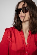 Tygg Satin Shirt - Women’s red satiny shirt with long sleeves and ruffle details