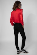 Tygg Satin Shirt - Women’s red satiny shirt with long sleeves and ruffle details