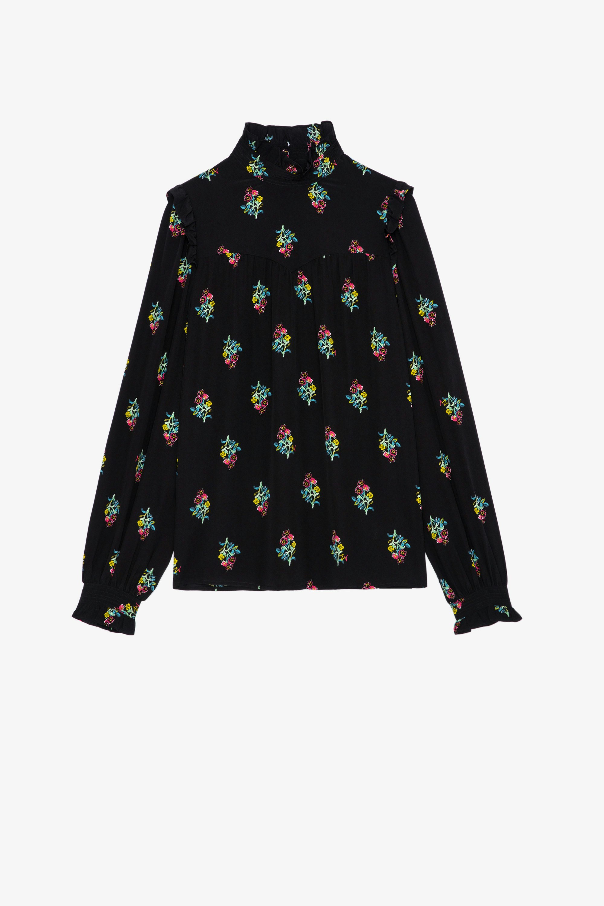 Tia Polka Flowers シルク シャツ Women’s black silk shirt with buttoned collar and multicoloured floral motifs 