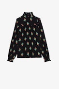 Tia Polka Flowers Silk Shirt - Women’s black silk shirt with buttoned collar and multicoloured floral motifs