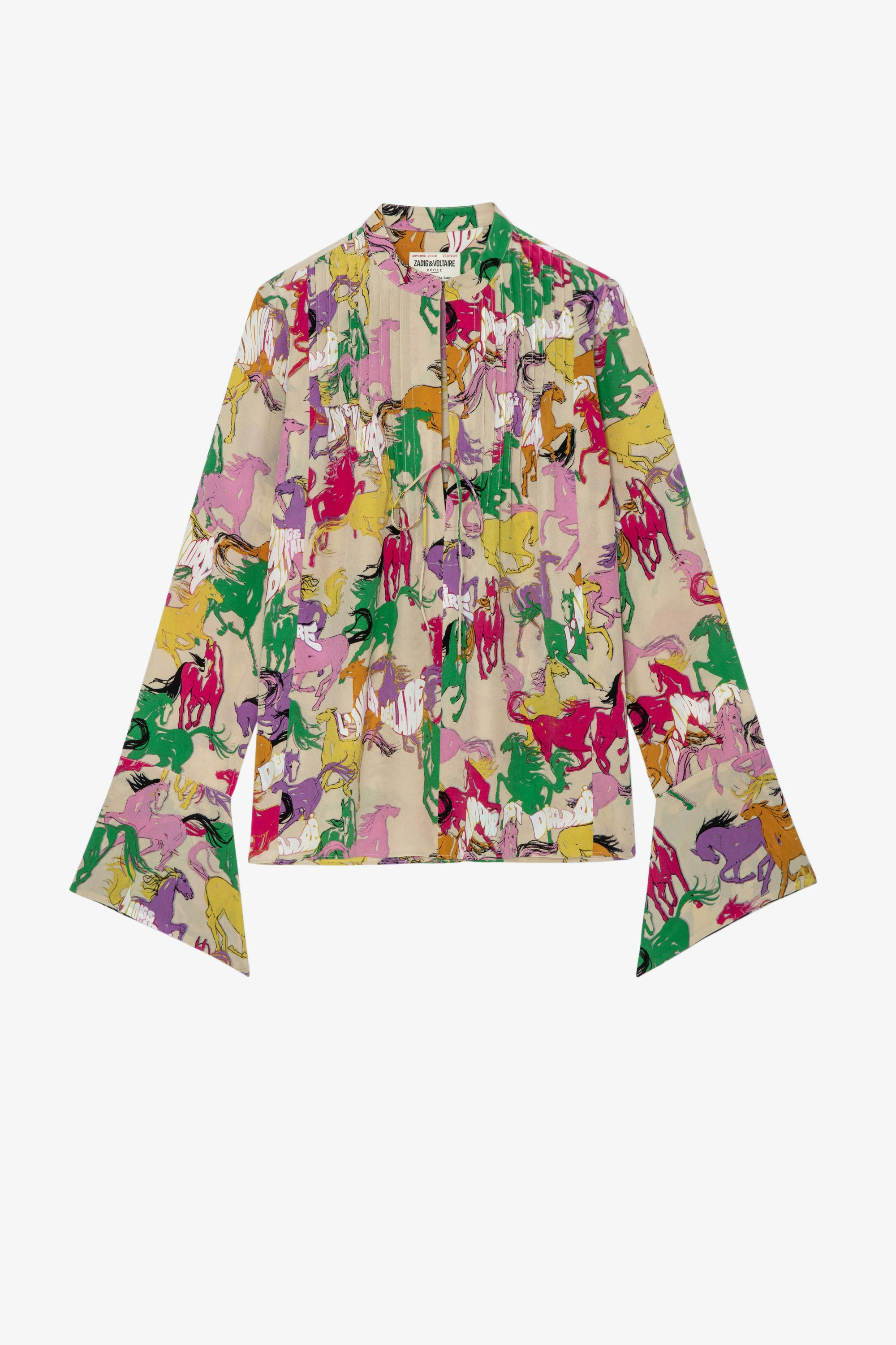Taika Horses Diamanté Silk Shirt Women’s ecru silk shirt with draped sleeves, decorated with a multicoloured horse print 