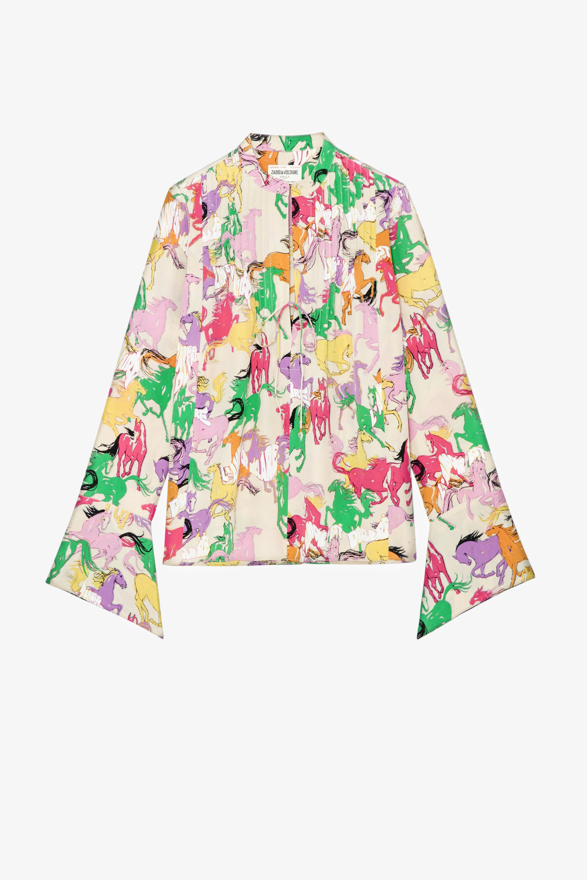 Taika Horses Diamanté シルク シャツ Women’s ecru silk shirt with draped sleeves, decorated with a multicoloured horse print 