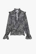 Tuya Blouse - Women’s star-studded black blouse with ruching and ruffles