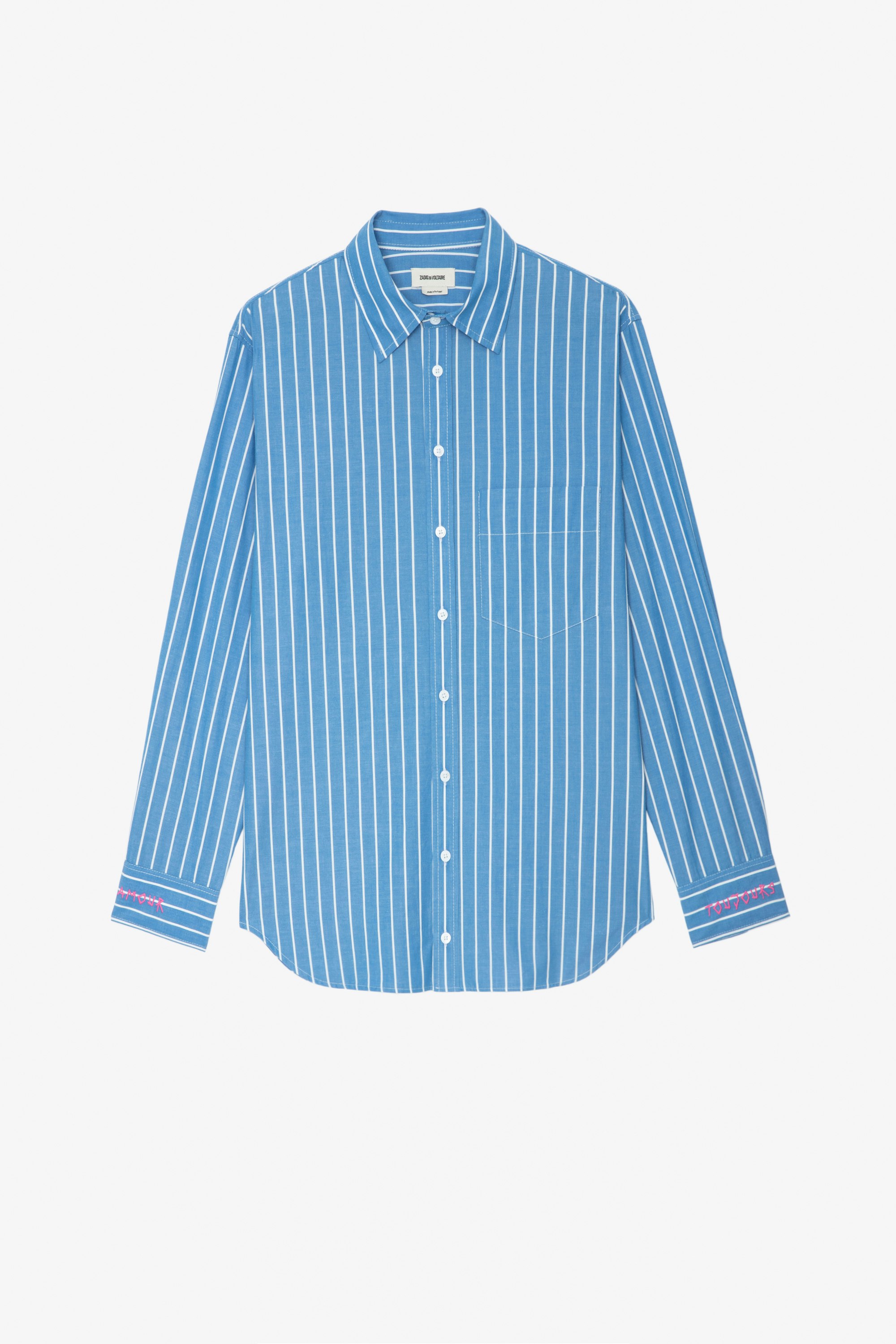 Taski シャツ ブルー コットンシャツ ストライプ生地と袖口に「Amours Toujours」刺繍 レディース