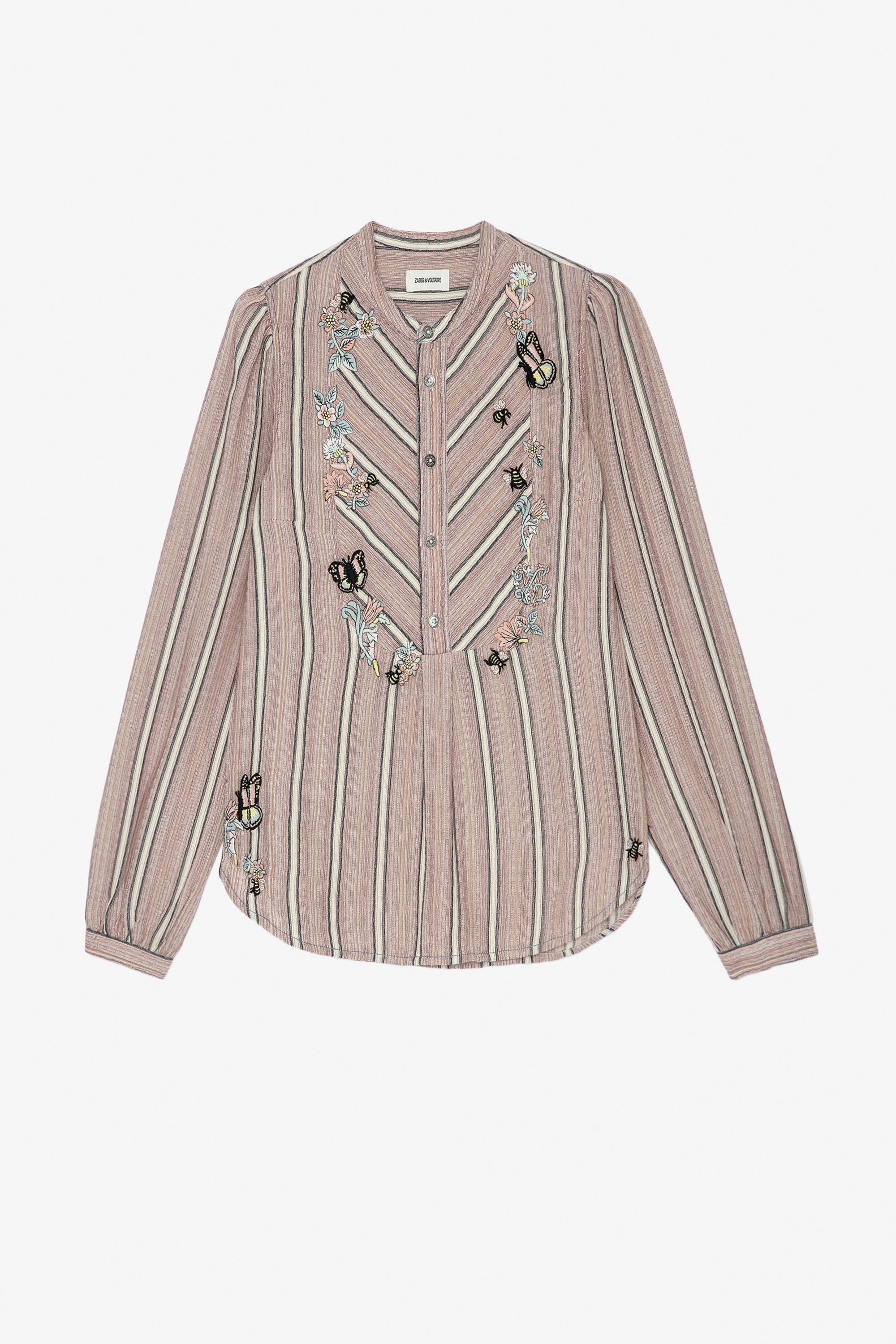 Teda Blouse - Women's pink striped cotton blouse with floral embroidery