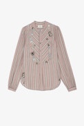 Teda Blouse - Women's pink striped cotton blouse with floral embroidery