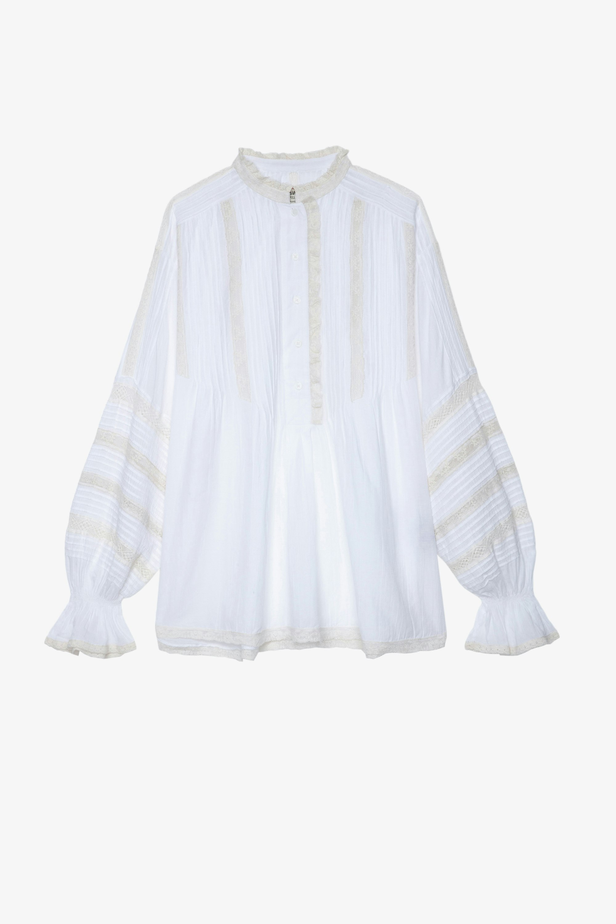 Tritelia Blouse - Women's white blouse with lace strips and oversize sleeves