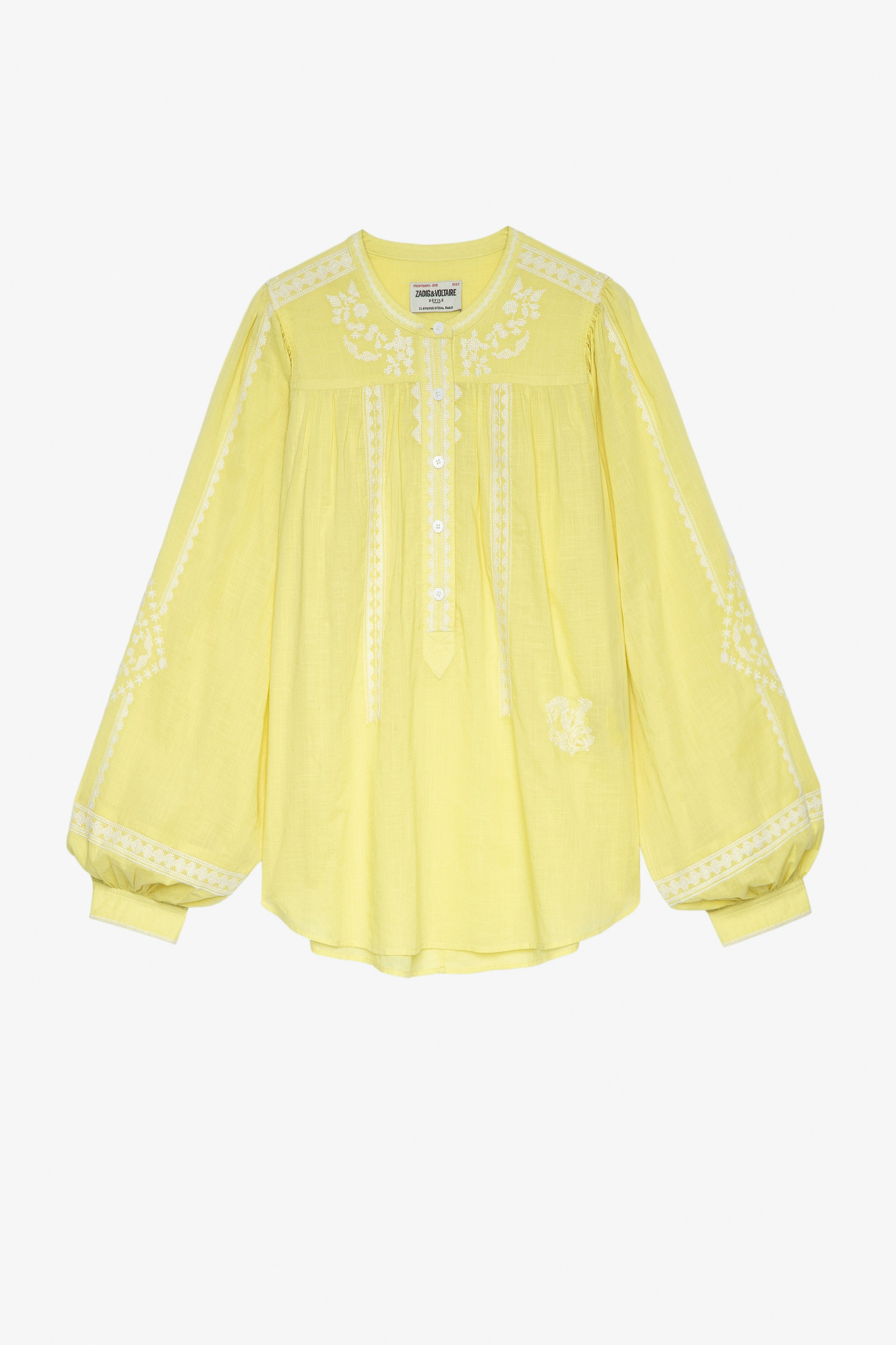 Tigy Shirt Women's embroidered and gathered yellow cotton shirt