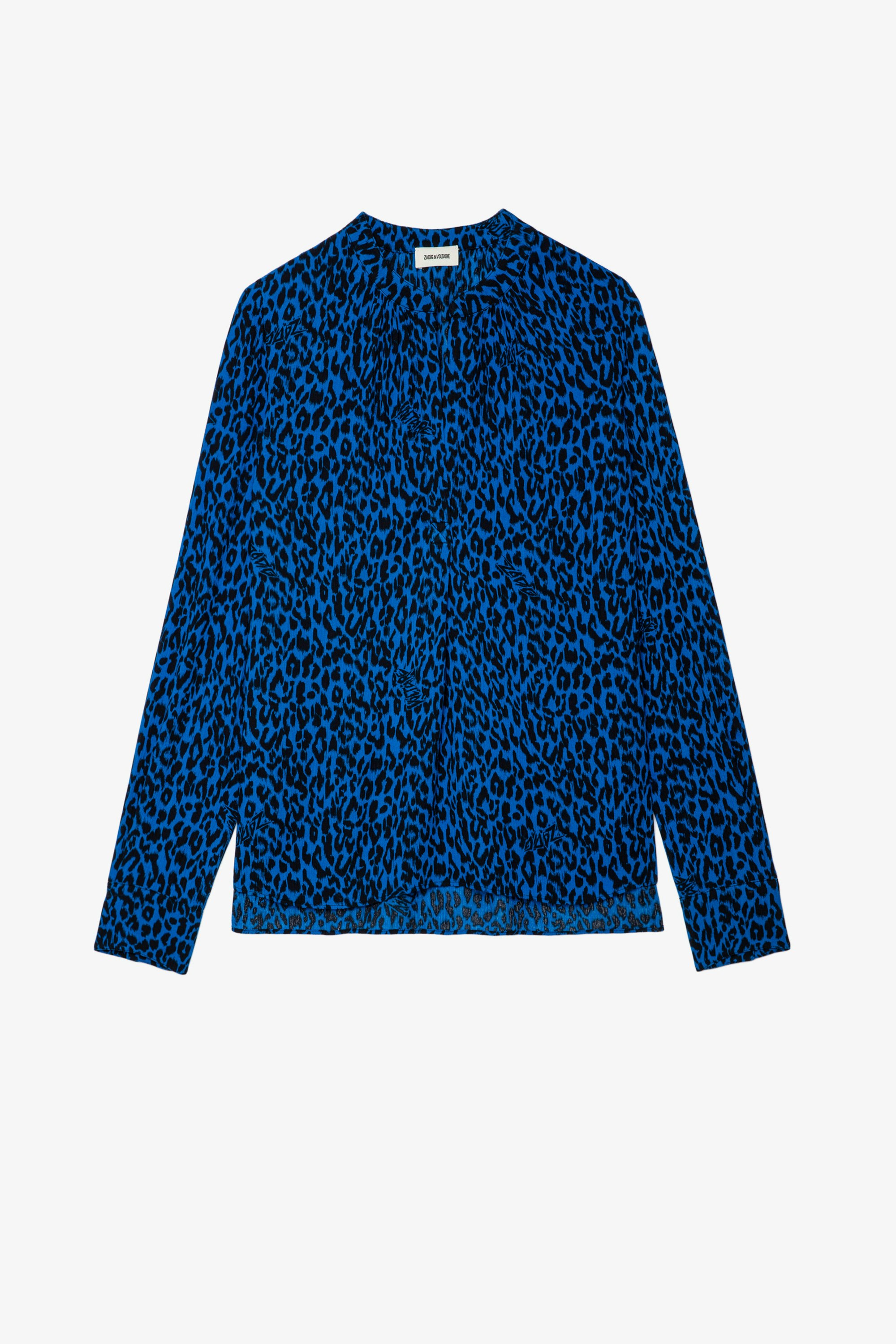 Tink Blouse Women’s blue leopard-print blouse with long-sleeves