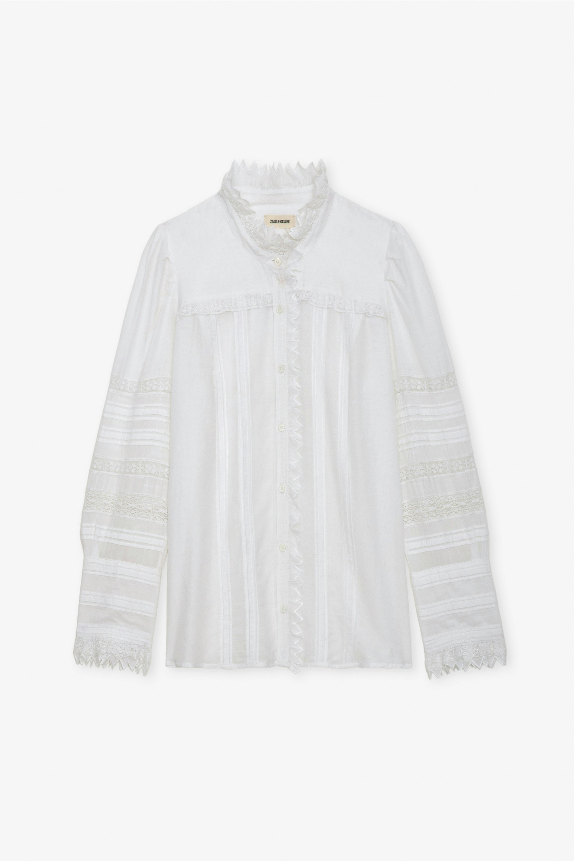 Bluse Trevy - Weiße Bluse aus Baumwolle mit langen, gepufften Ärmeln, Spitzenbändern und Raffungen.