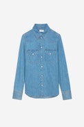Camicia Thelma Denim Strass - Camicia da donna in denim con strass sui polsini.