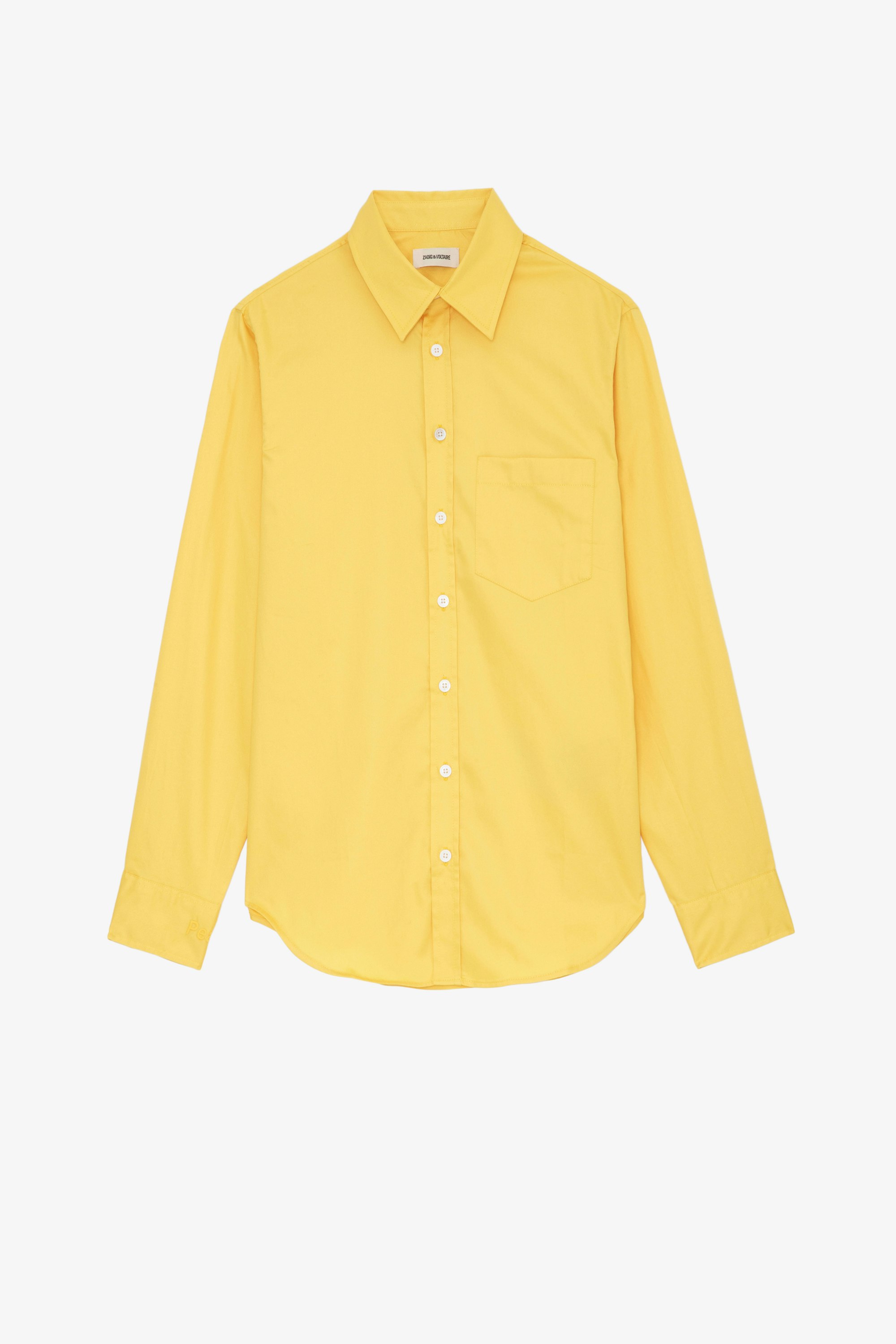 Hemd Taskiz Gelbes Damenhemd aus Baumwolle, verziert mit einer "Peace"-Stickerei auf dem linken Ärmel.