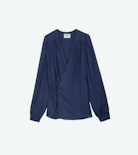Camicia Tenew Satin - Camicia scaldacuore da donna in raso blu navy, drappeggiata e decorata con stampa ZV.