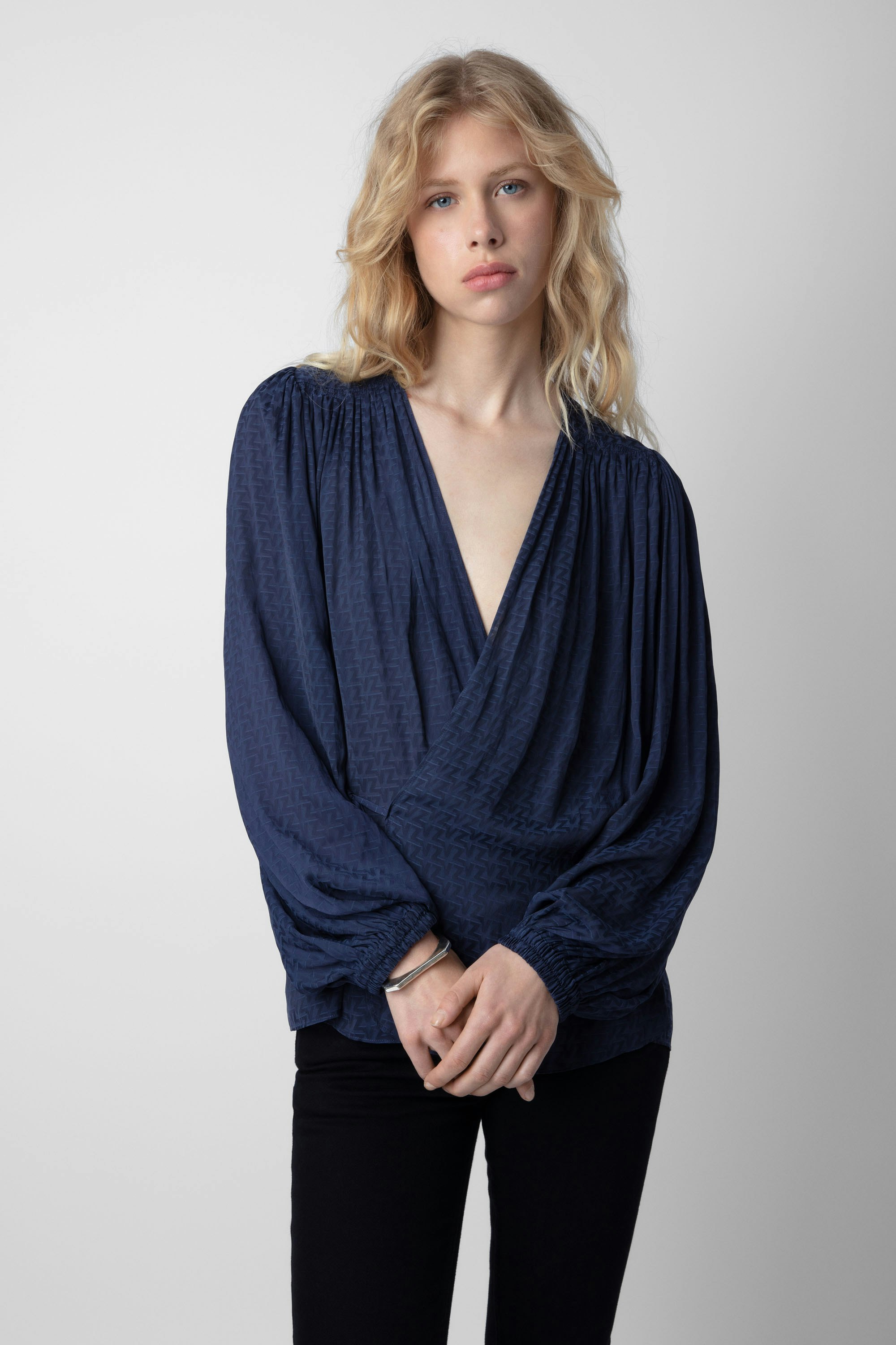 Tenew Satin Shirt - Women’s wrapover draped navy blue satin shirt, embellished with ZV print.