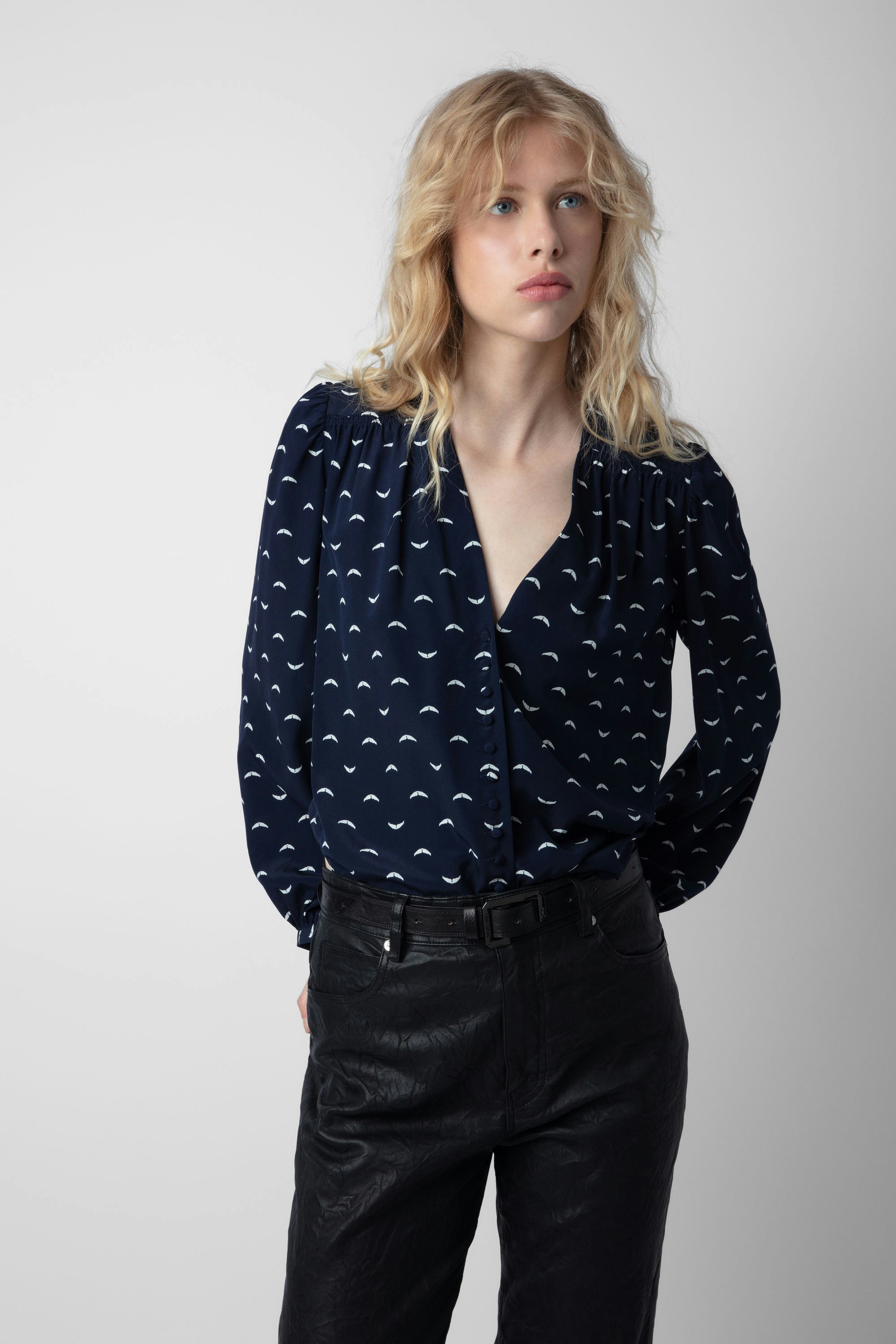 Turin Silk blouse - Women’s navy blue silk shirt with wings print.